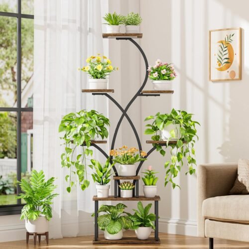 8-Tier Metal Plant Stand with Grow Lights – Indoor & Patio (Black)