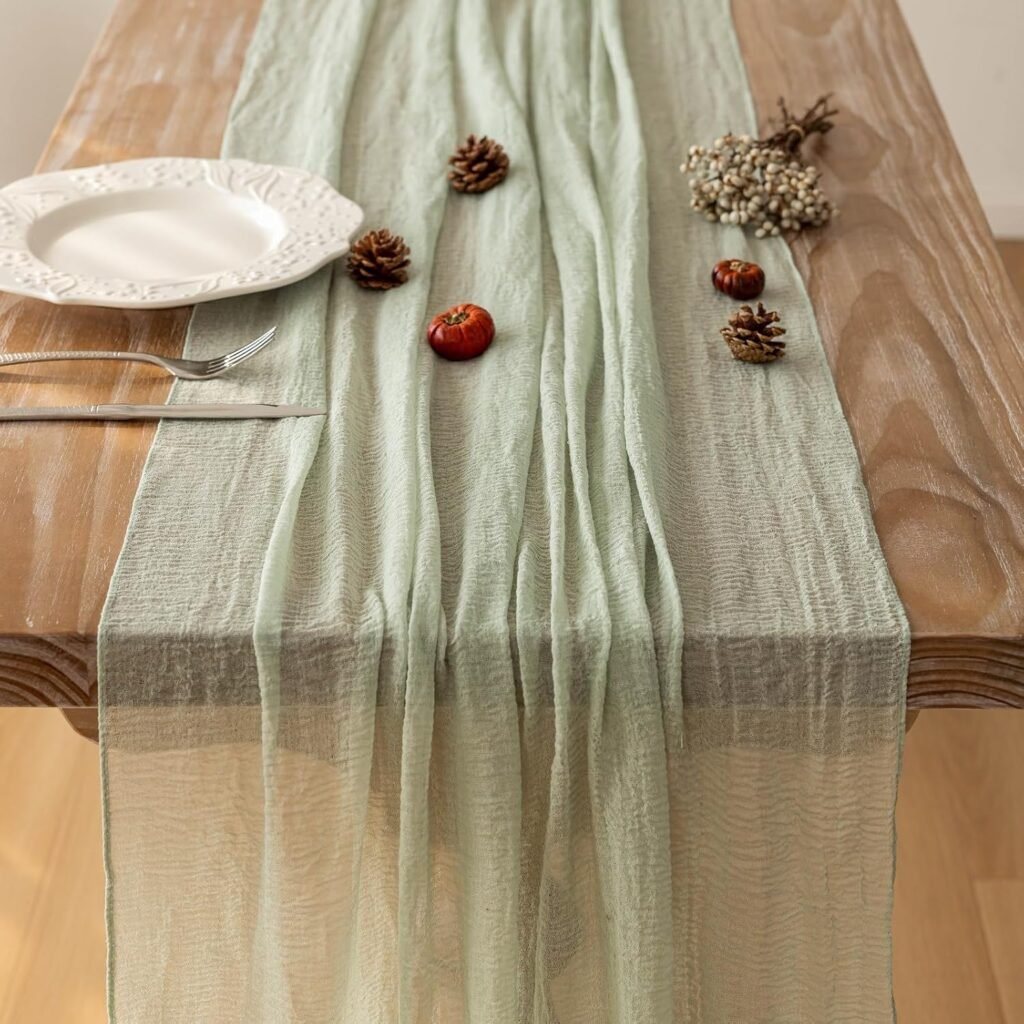 Keketo 120-Inch Sage Green Cheesecloth Table Runner