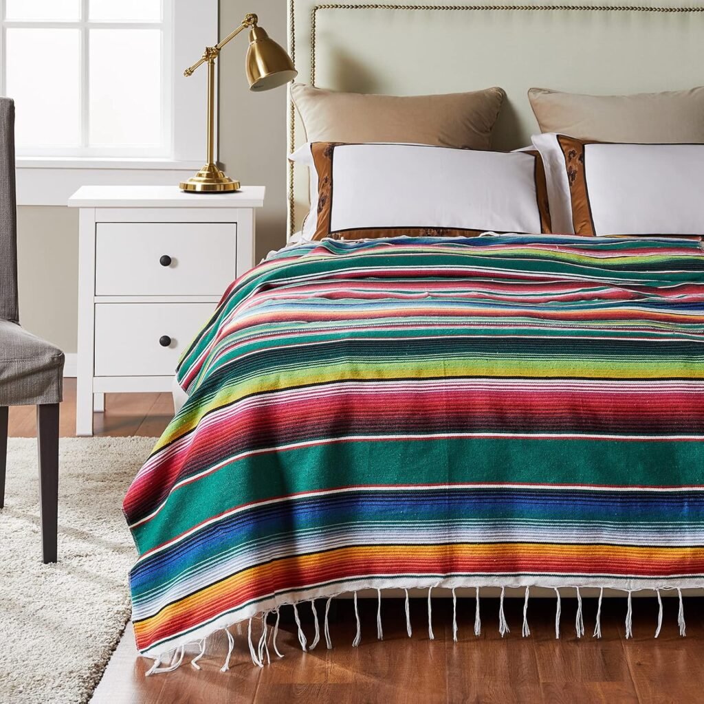 Mexican Blanket – Vibrant Green Throw for Bed, Sofa, Picnics, Camping, or Rustic Decor bed pic