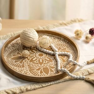 Rustic Round Wooden Tray with Beads