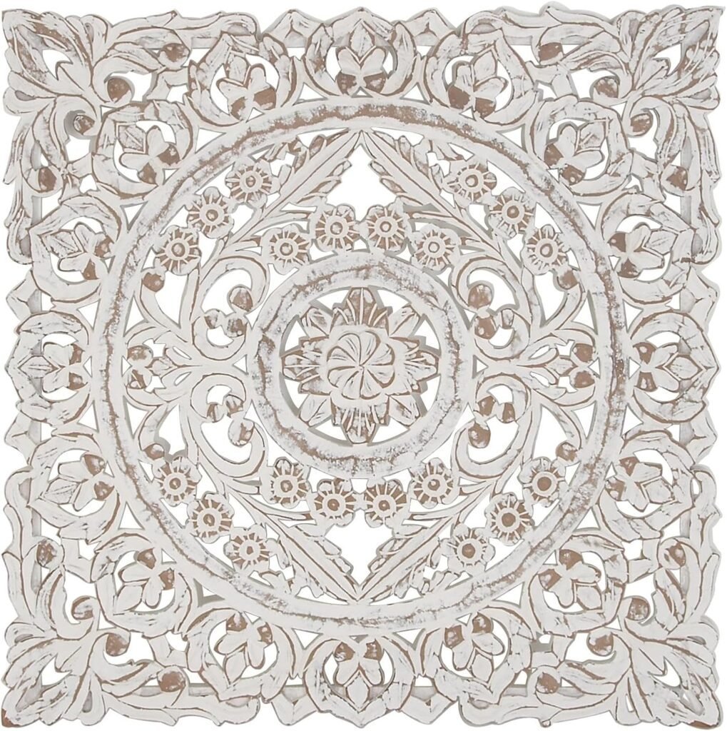 White Mandala Wood Wall Art – 36” Hand-Carved Floral Home Decor Panel
