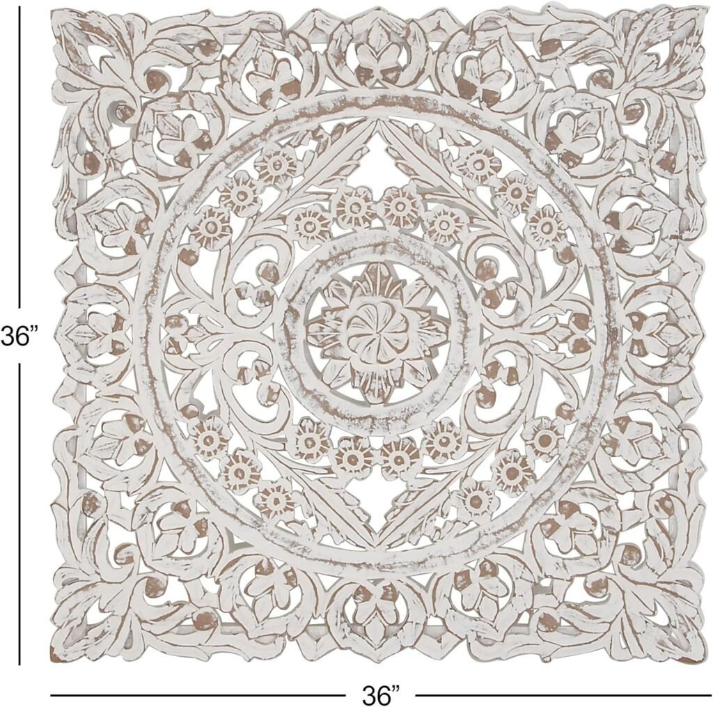 White Mandala Wood Wall Art – 36” Hand-Carved Floral Home Decor Panel size