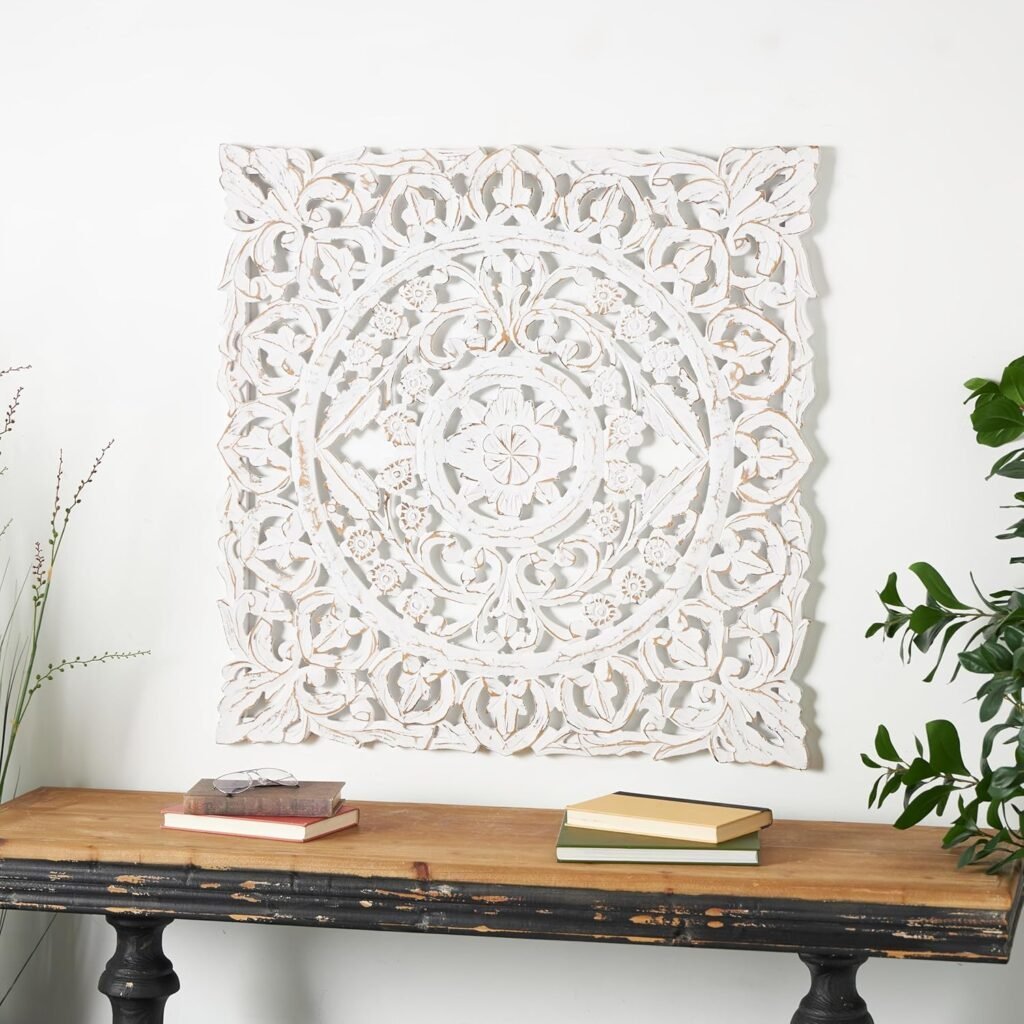 White Mandala Wood Wall Art – 36” Hand-Carved Floral Home Decor Panel size view