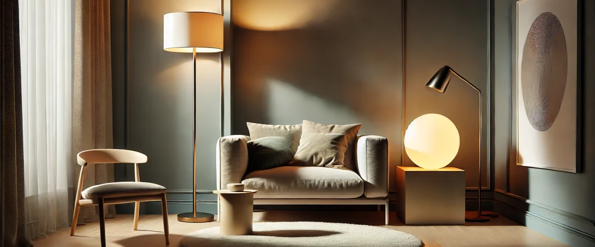 A modern, cozy room illuminated by a single stylish lamp as the only source of light. The lamp casts a warm, ambient glow, creating an intimate and serene atmosphere.